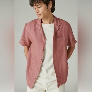 Lucky Brand Solid Linen Short Sleeve Camp Collar Shirt in Rose Brown Mens Large